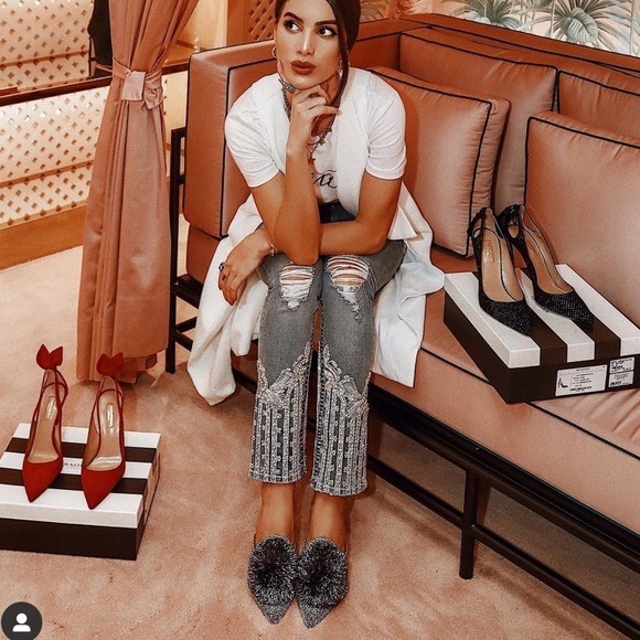 Aquazzura Powder Puff Pompom metallic silver lurex flat mules slippers size 36 - Picture 15 of 16